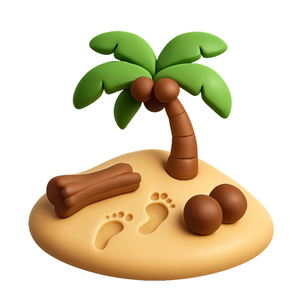 Cartoonish Representation of a Deserted Island with Palm Tree and Footprints png