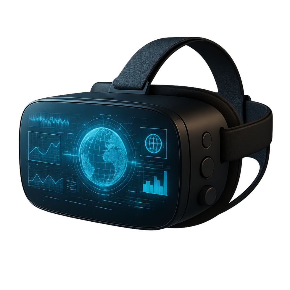High-Tech VR Headset with Futuristic Interface and Data Visualization png