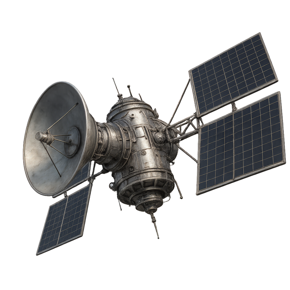 3D Model of Satellite Device with Solar Panels and Dish Antenna png