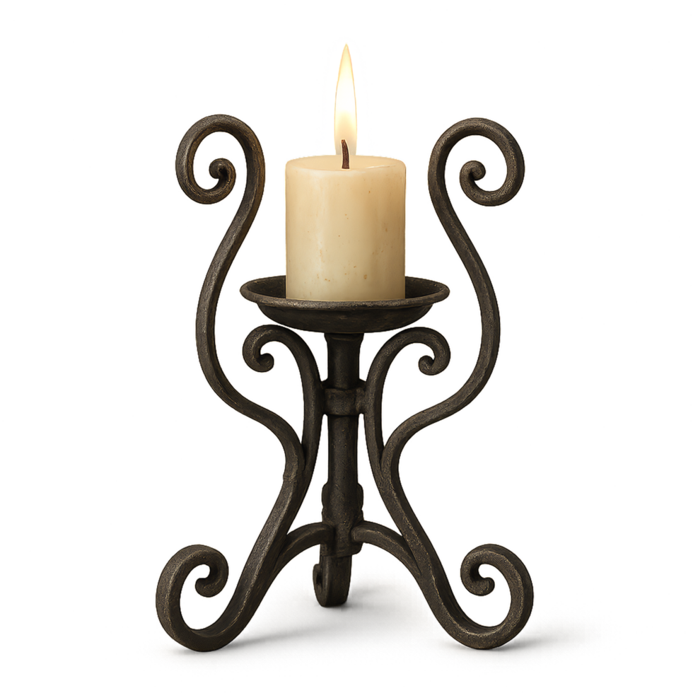 Wrought Iron Candle Holder with Elegant Swirl Design and Candle png