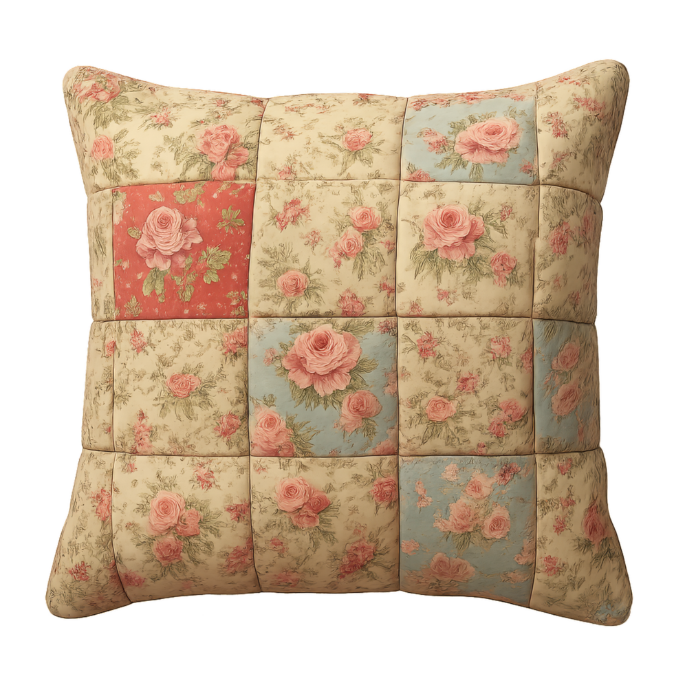Floral Patchwork Cushion with Soft Roses and Decorative Patterns png