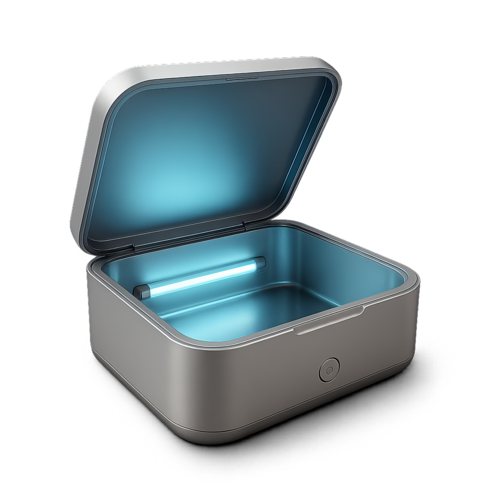 Modern 3D UV Sterilizer Box with Open Lid and Blue Interior Light png