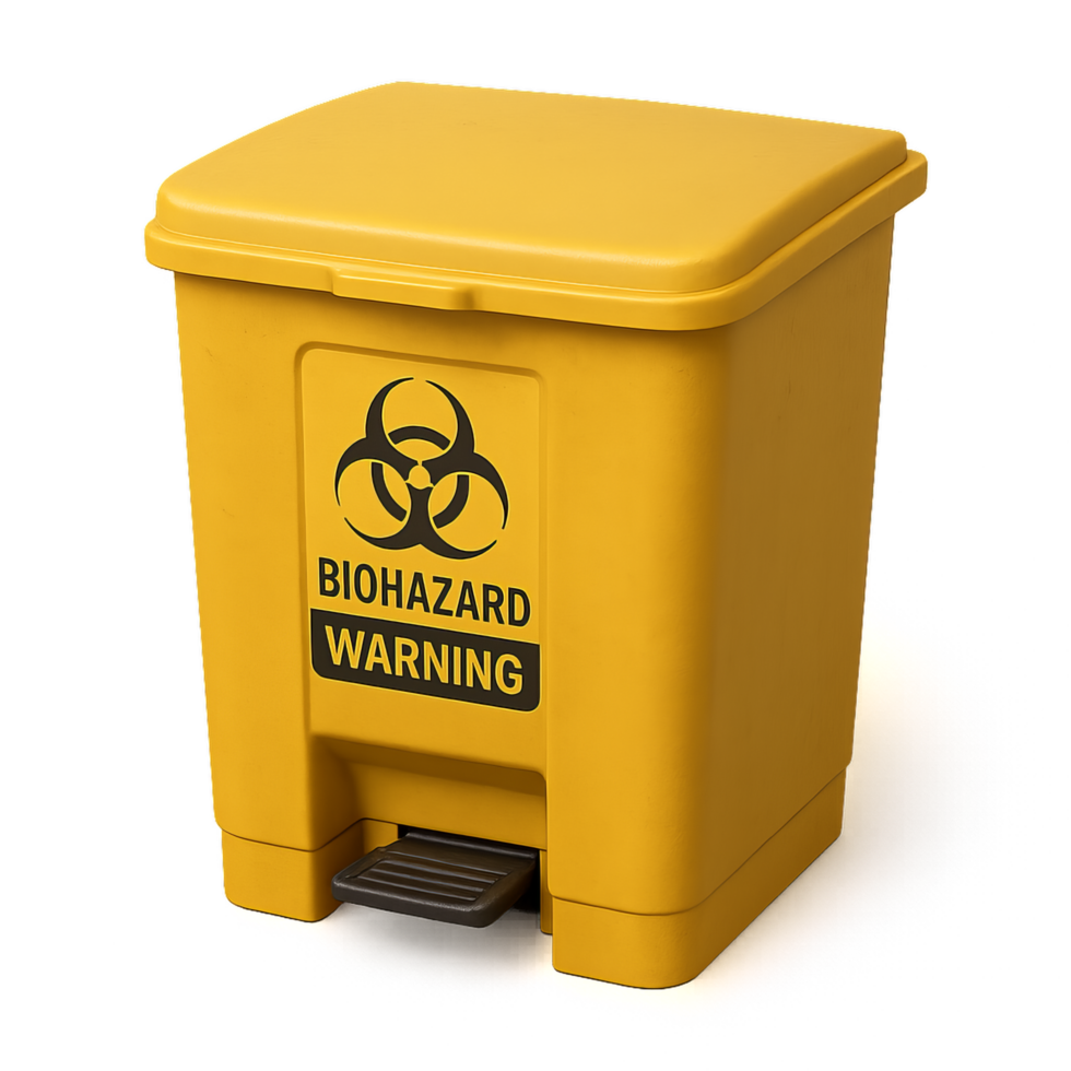 Yellow Biohazard Disposal Bin with Warning Sign for Hazardous Waste png