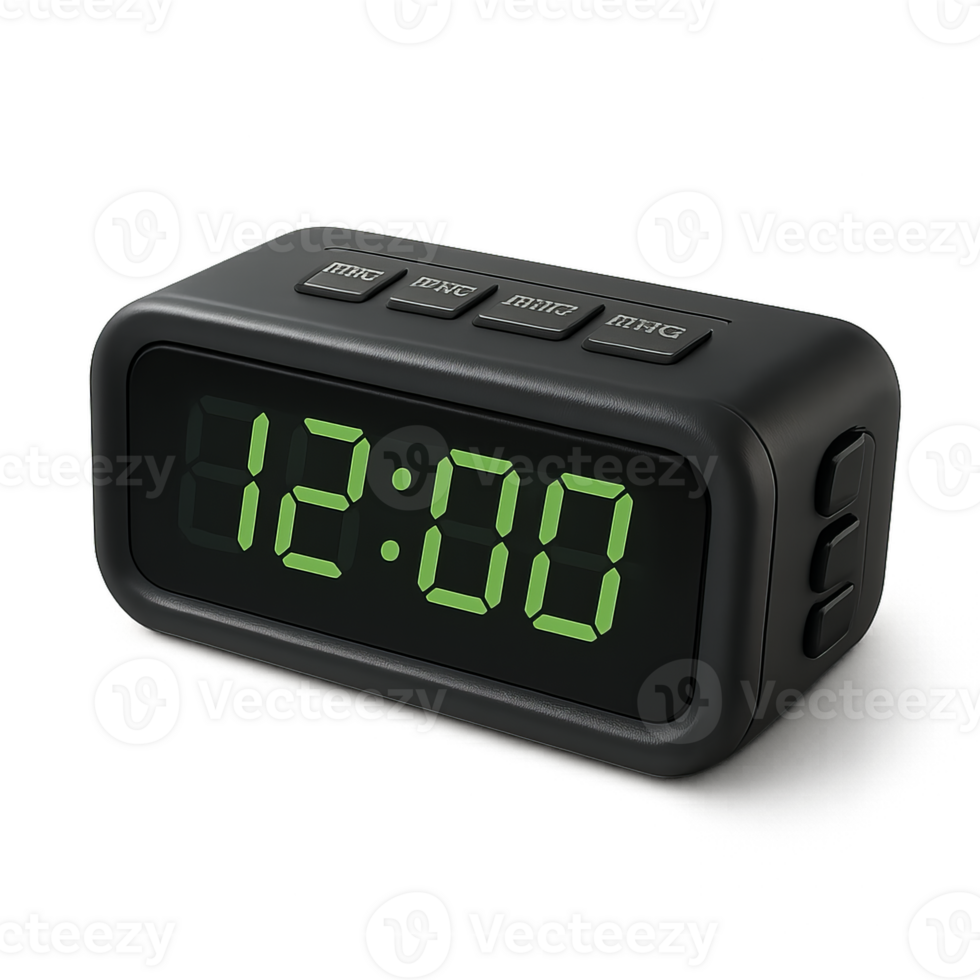 Realistic 3D Alarm Clock Design with Green Digital Display png