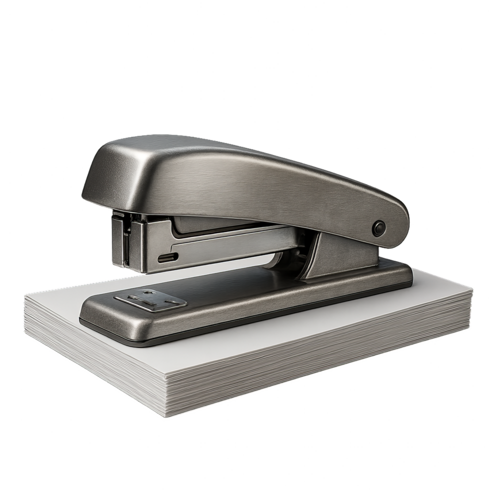 Metallic Stapler on Stack of Blank Documents in Simple Scene png