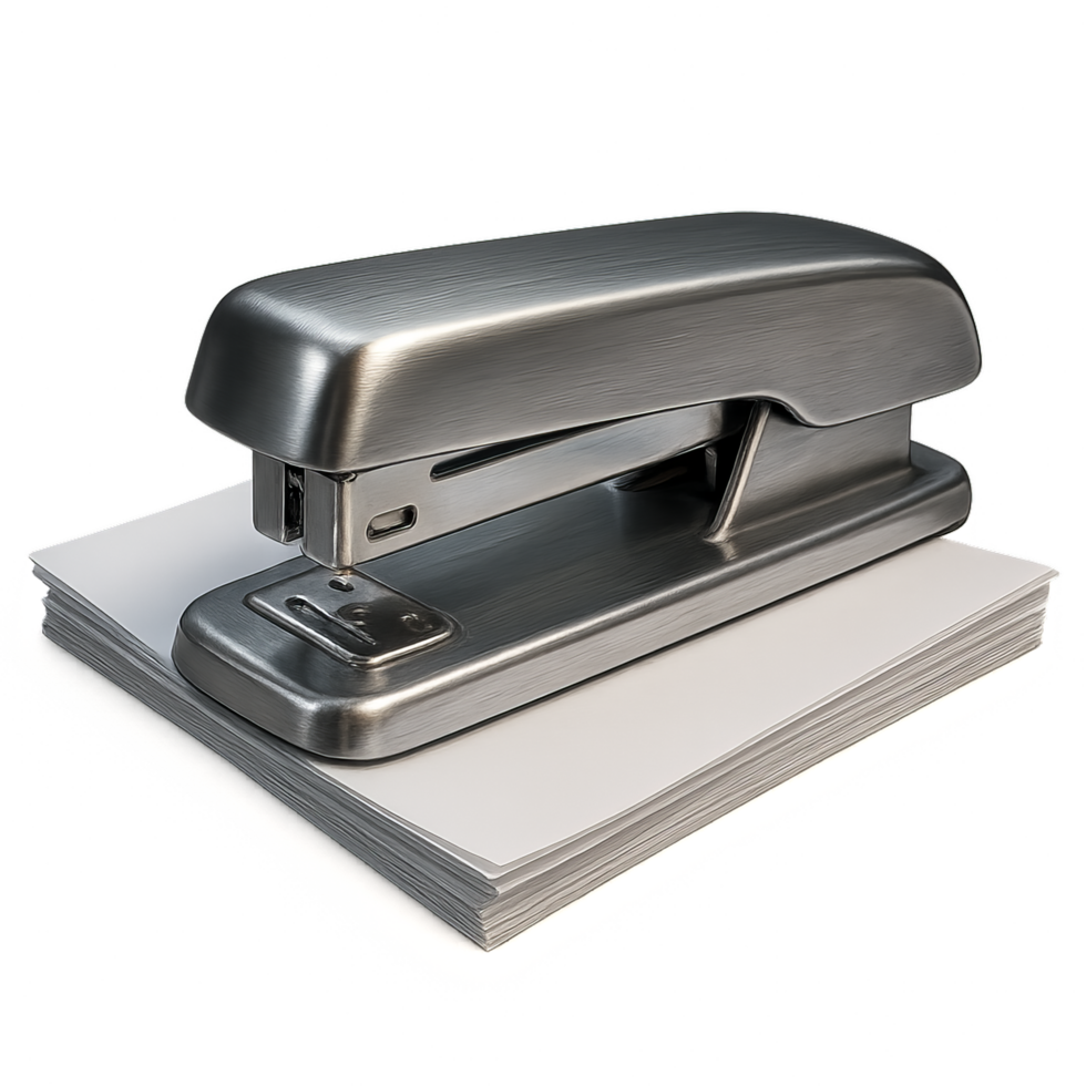 Metallic Stapler on Stack of Paper for Office and Workspace Use png