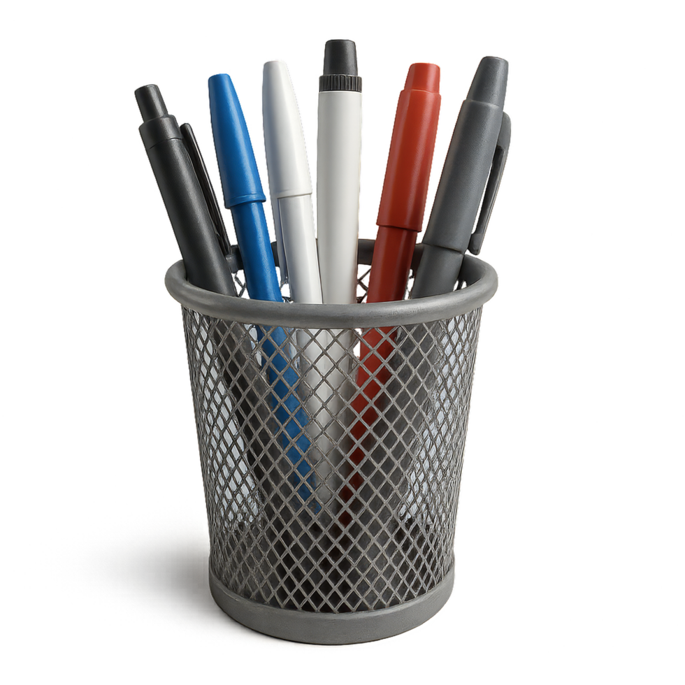 Simple 3D Pencil Holder with Colorful Pens in Mesh Container png