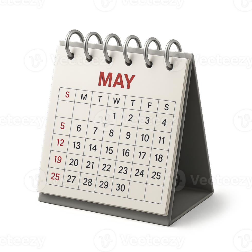3D Simple Calendar Design for Month of May with Ring Binding png
