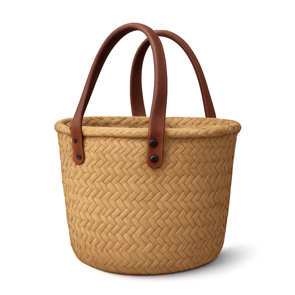 Simple 3D Woven Basket with Leather Handles for Modern Decor png