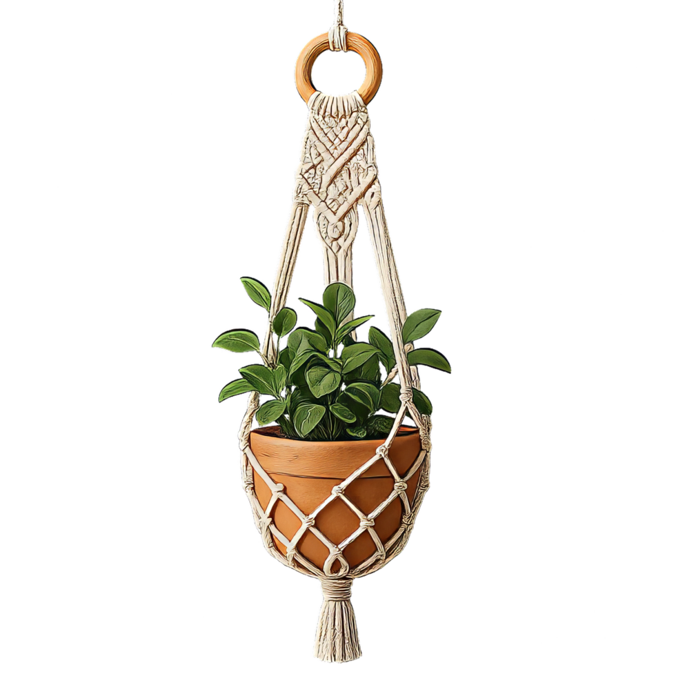 Simple Macrame Planter with Green Plant Hanging Decoration png