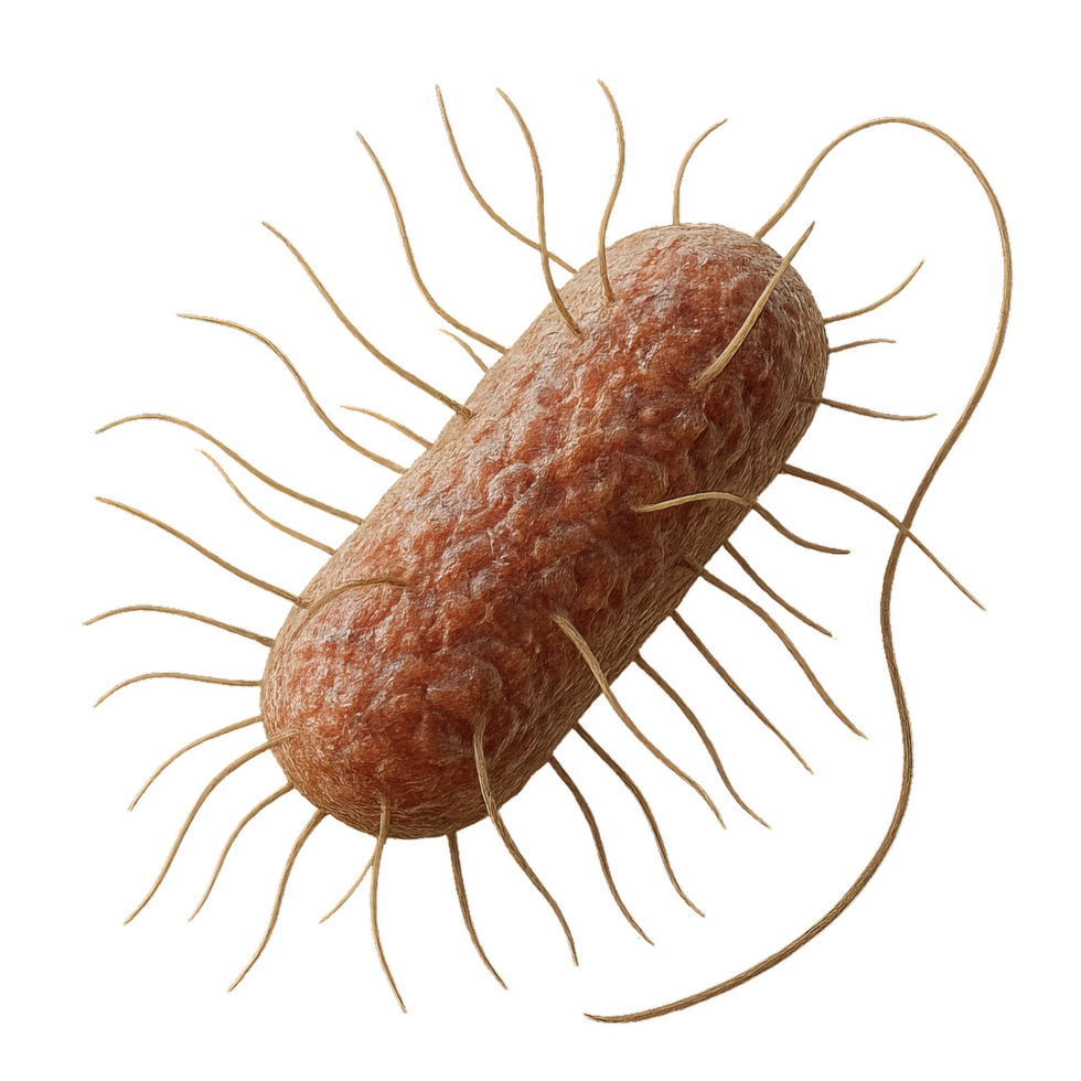 Realistic depiction of Escherichia coli bacterium with long flagella png