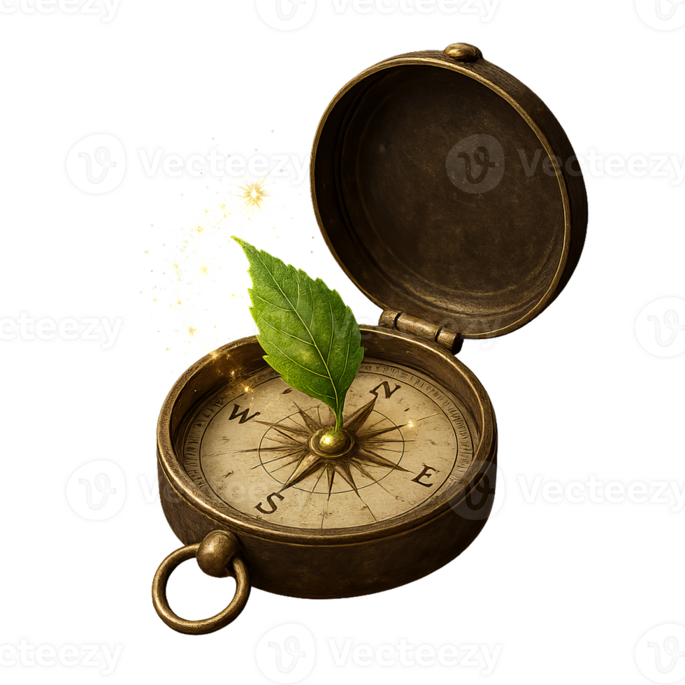 Enchanted Compass with Leaf Pointer and Magical Sparkles png