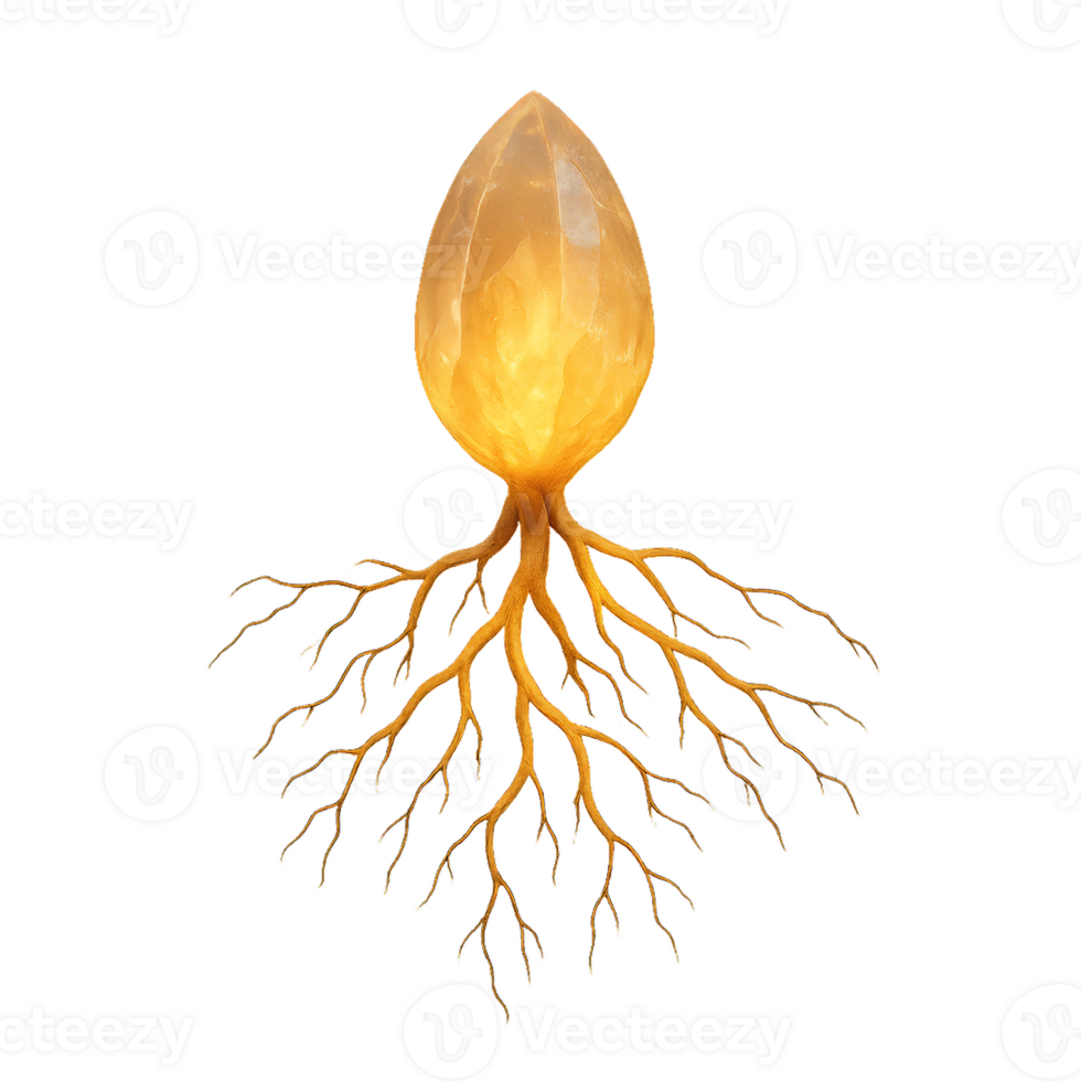 Glowing Crystal with Intricate Roots, Ethereal Light Source Design png