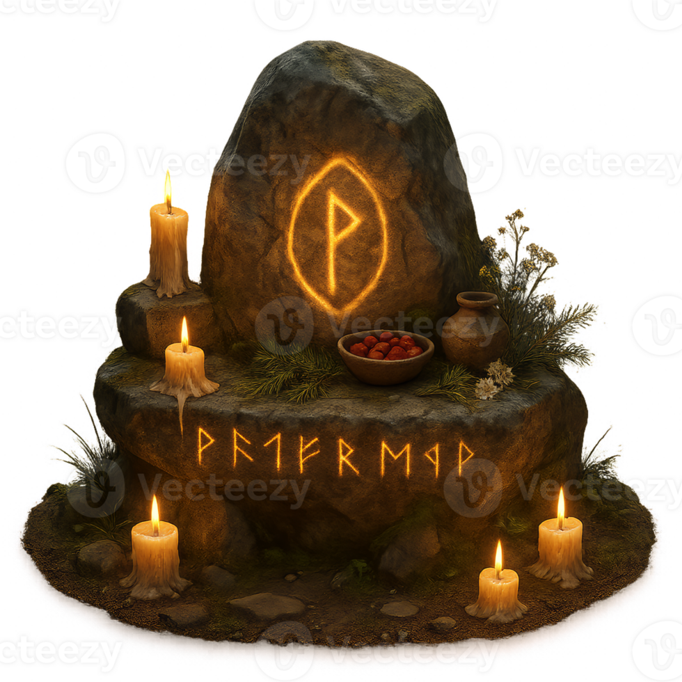 Serene Forest Altar with Candles and Natural Elements in Scene png