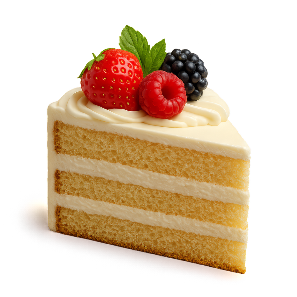 Delicious Single Slice of Creamy Cake with Fresh Berries and Mint png