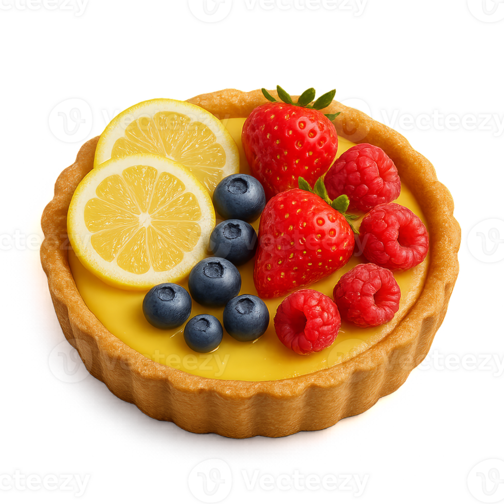Fresh Lemon Tart with Berries and Bright Colors on White Background png