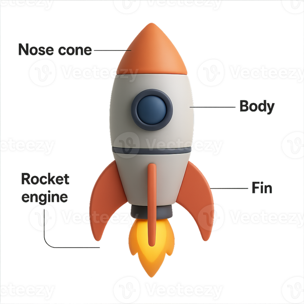 3D Simple Rocket Model with Labels for Educational Use and Design png