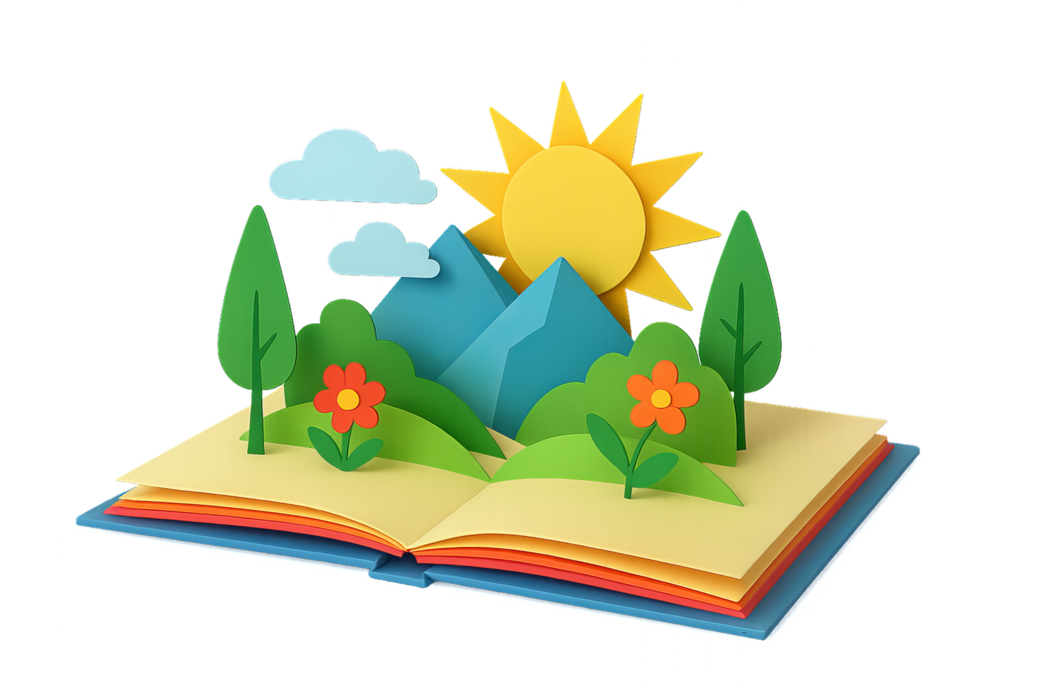 Simple 3D Pop-Up Book with Colorful Nature Scene and Sun png