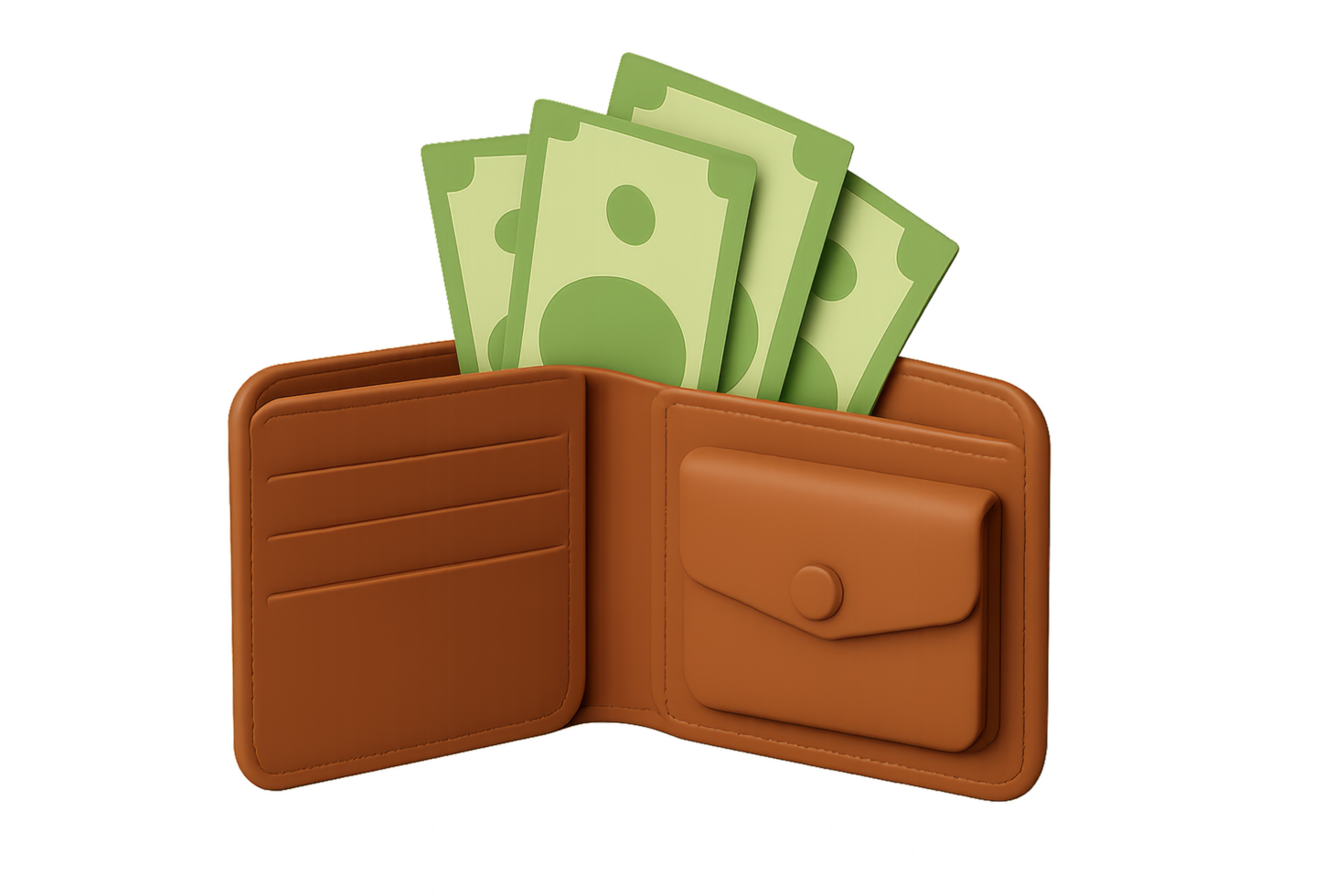 Open 3D Brown Wallet with Dollar Bills Sticking Out of It png