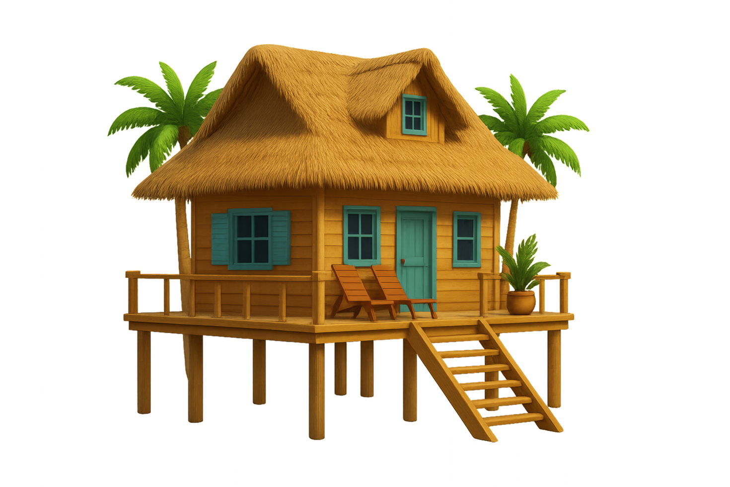 Colorful 3D Tropical Beach House with Palm Trees and Decking png