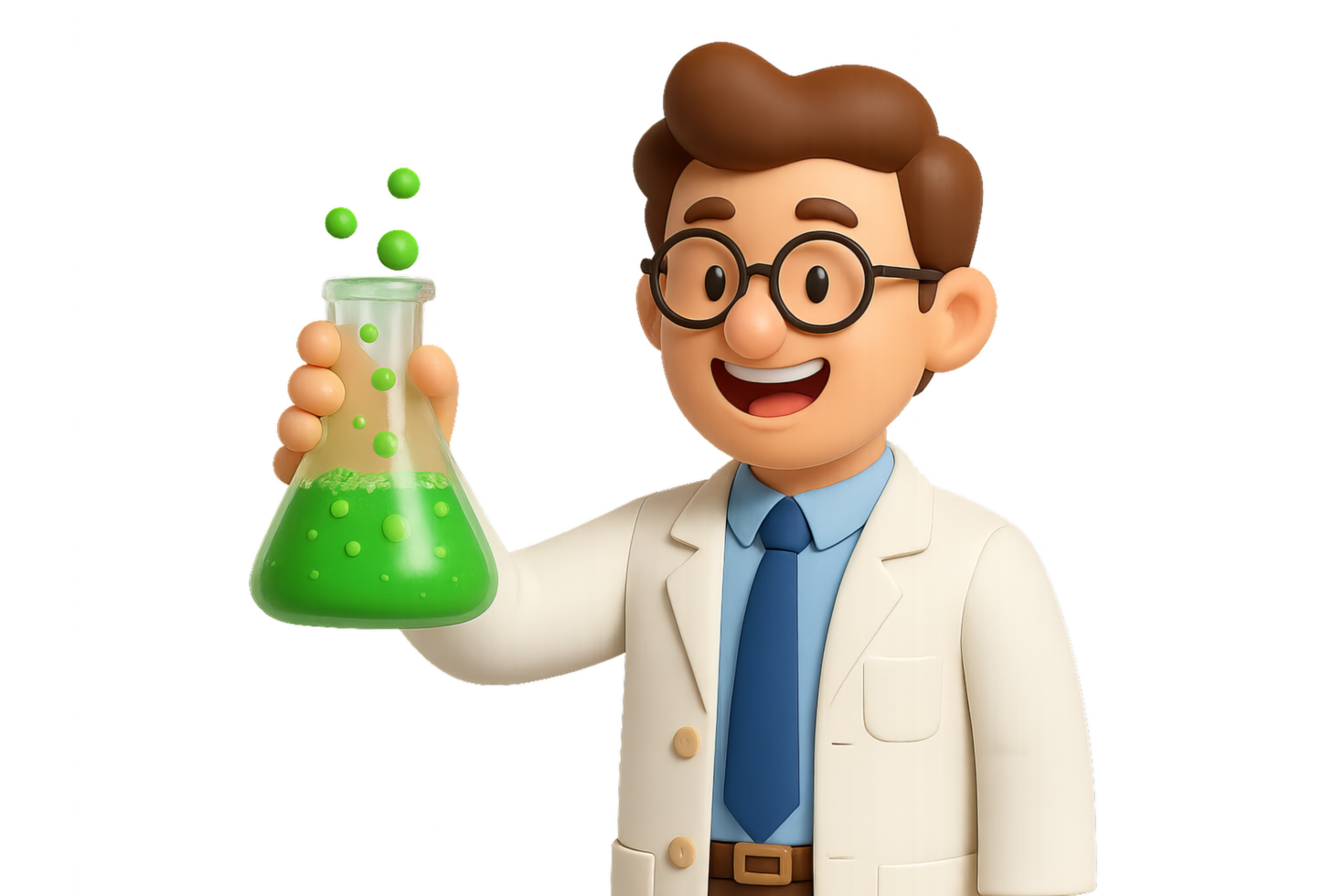 3D Cartoon Science Teacher with Green Liquid in Laboratory Flask png
