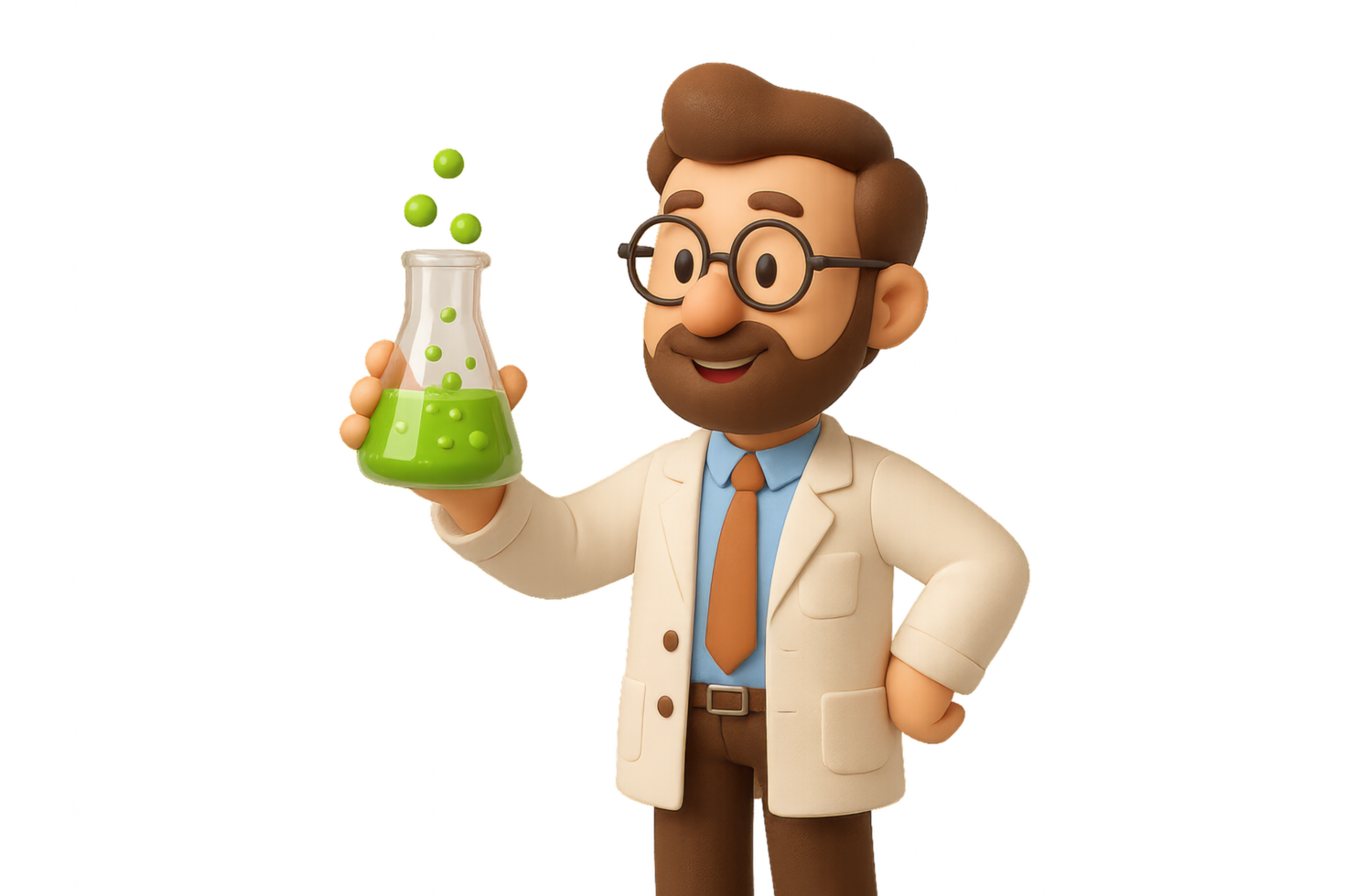 3D Cartoon Scientist Holding Flask with Green Liquid in Lab Coat png
