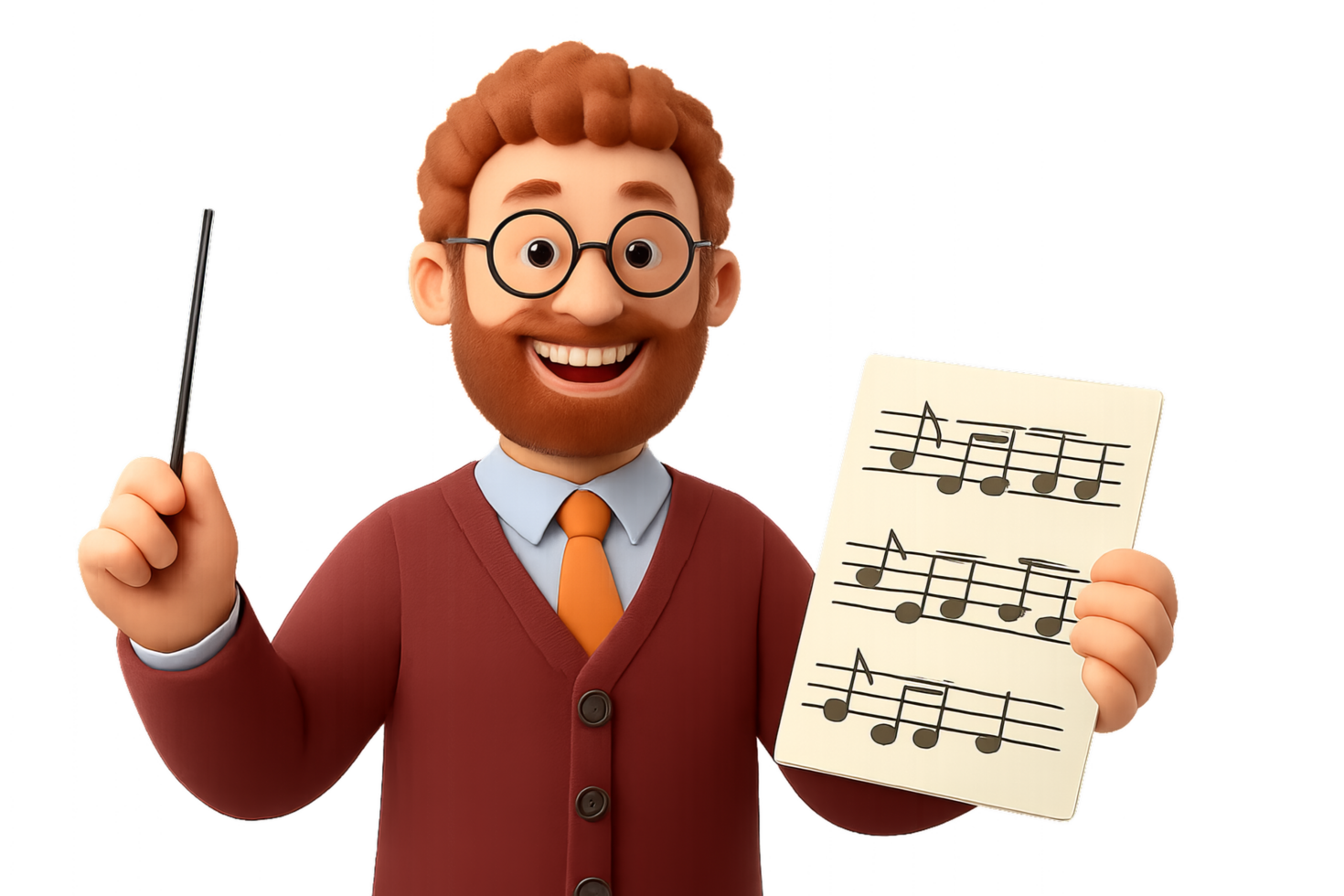 Cheerful 3D Conductor with Music Notes and Baton for Composing png