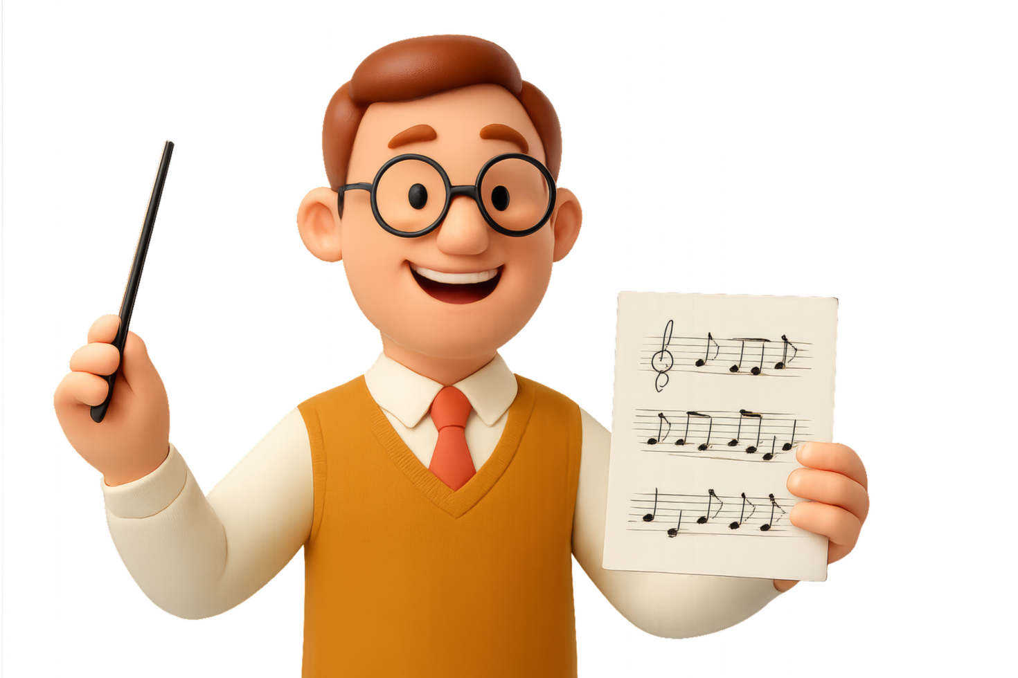 Cheerful 3D Conductor with Music Notes and Baton in Hand png