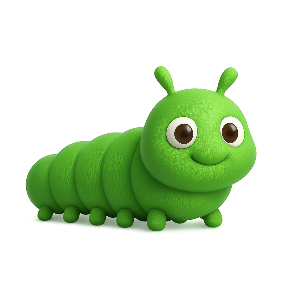 Cute Green Caterpillar in 3D Rendering on Transparent Background png