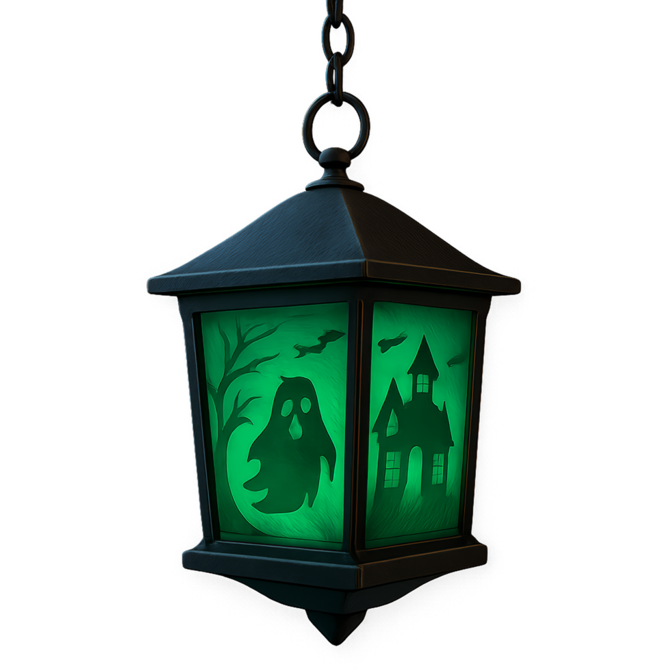 Eerie Green Lantern with Ghost and Haunted House Design png