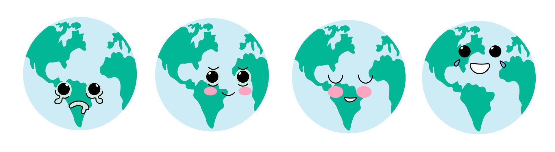 kawaii earth emoji set in doodle style vector