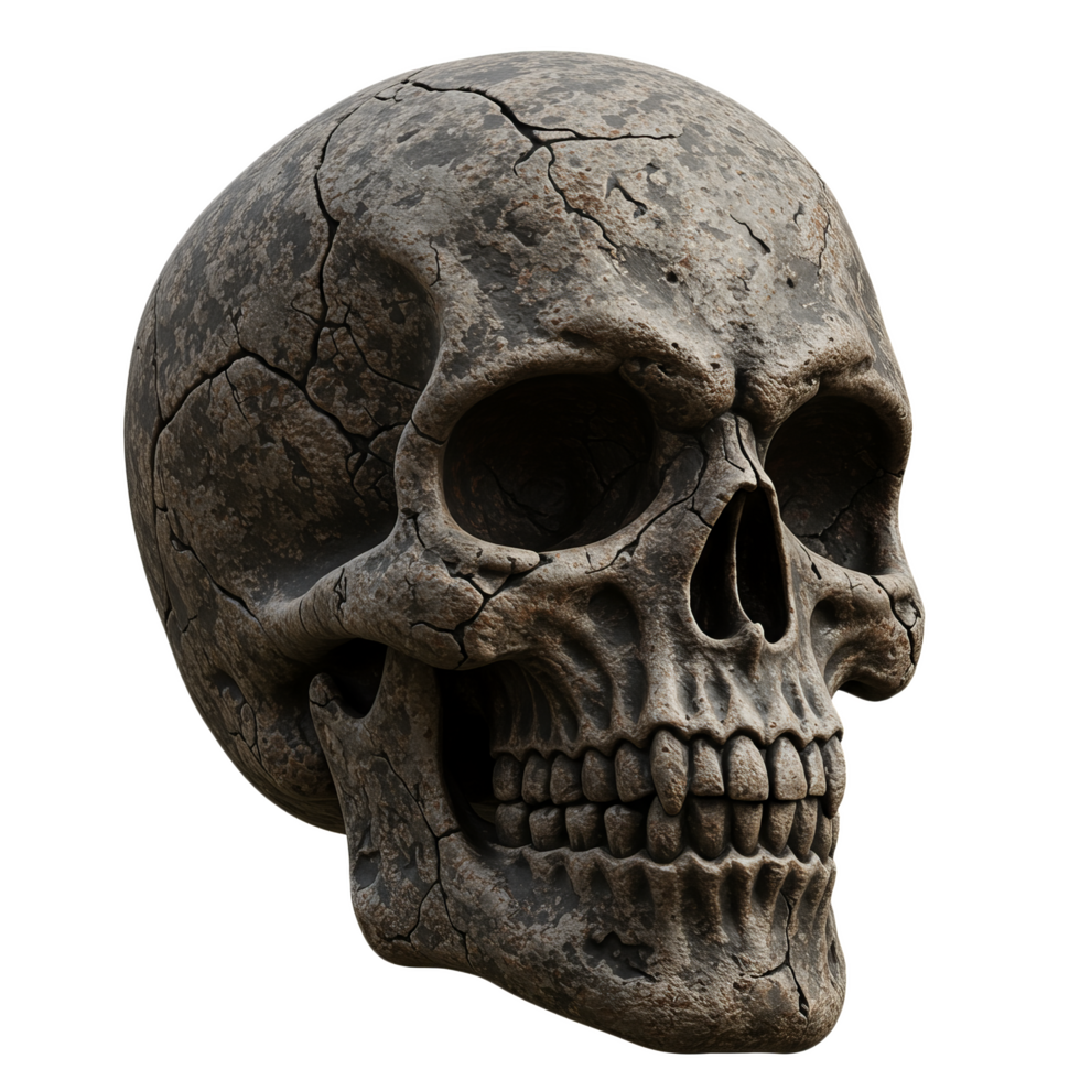 Realistic Cracked Skull with Detailed Texture and Dark Shadows png