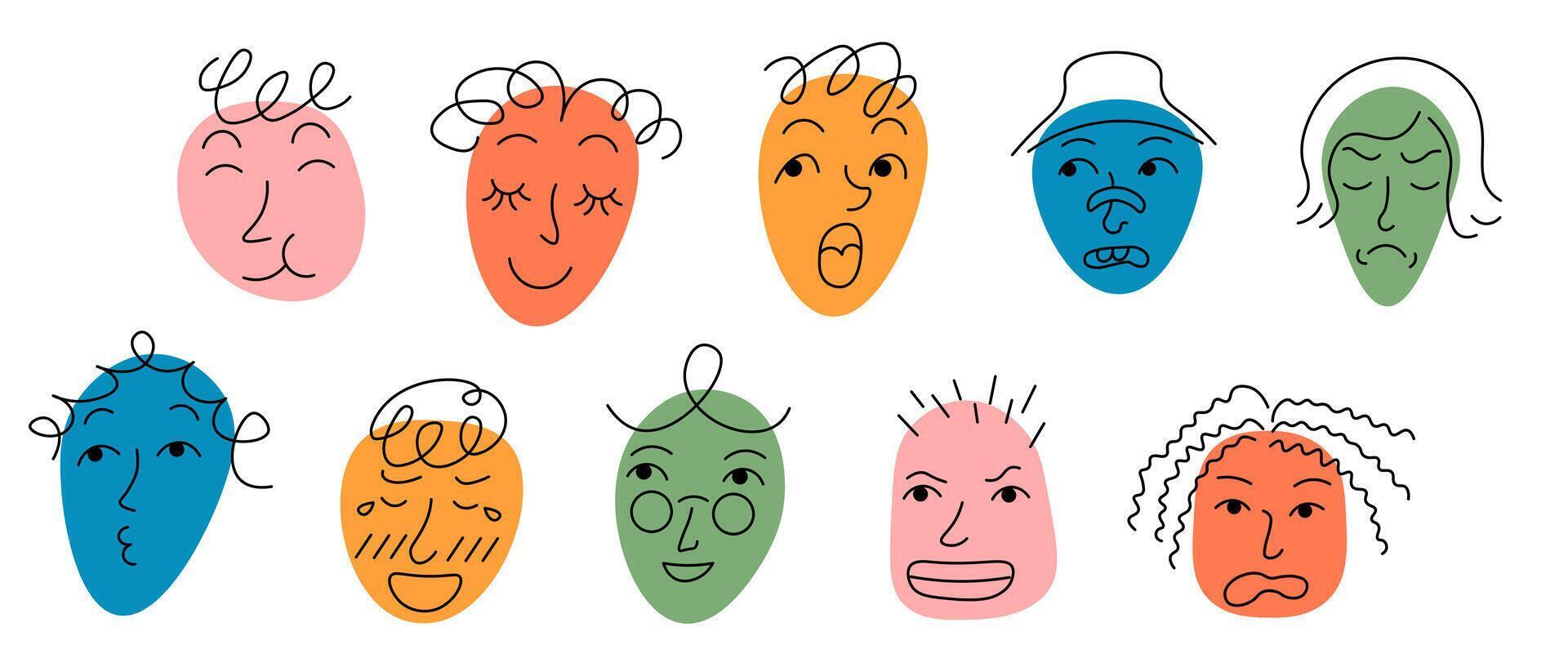 simple doodle faces with hairstyle on colored spots set vector