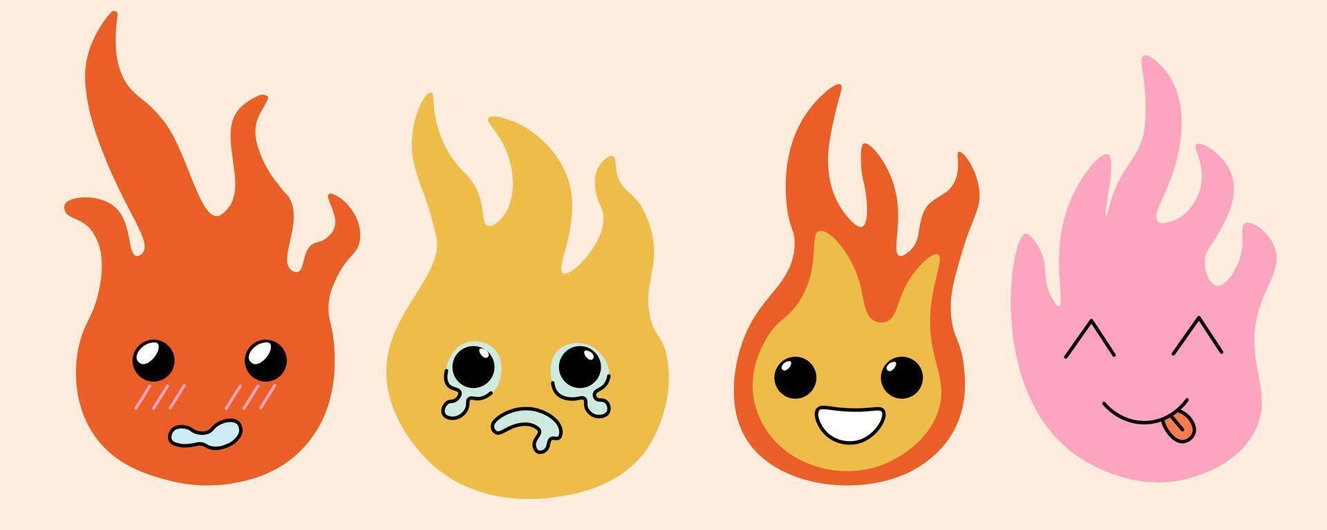 kawaii fire emoji set in doodle style vector