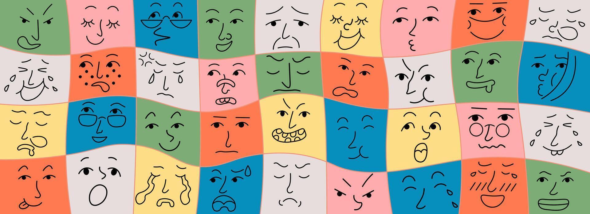 doodle faces on colored checkered back vector