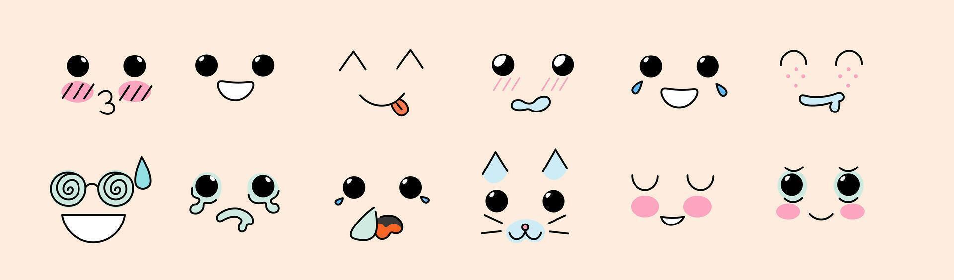 colored kawaii emoji set in doodle style vector