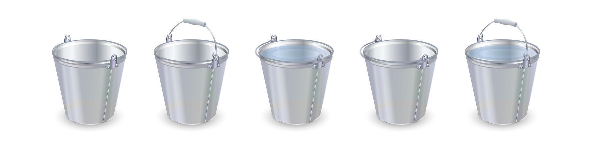 Metal buckets with and without water. vector