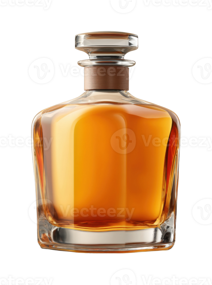 Elegant glass bottle of amber-colored whiskey with refined stopper png