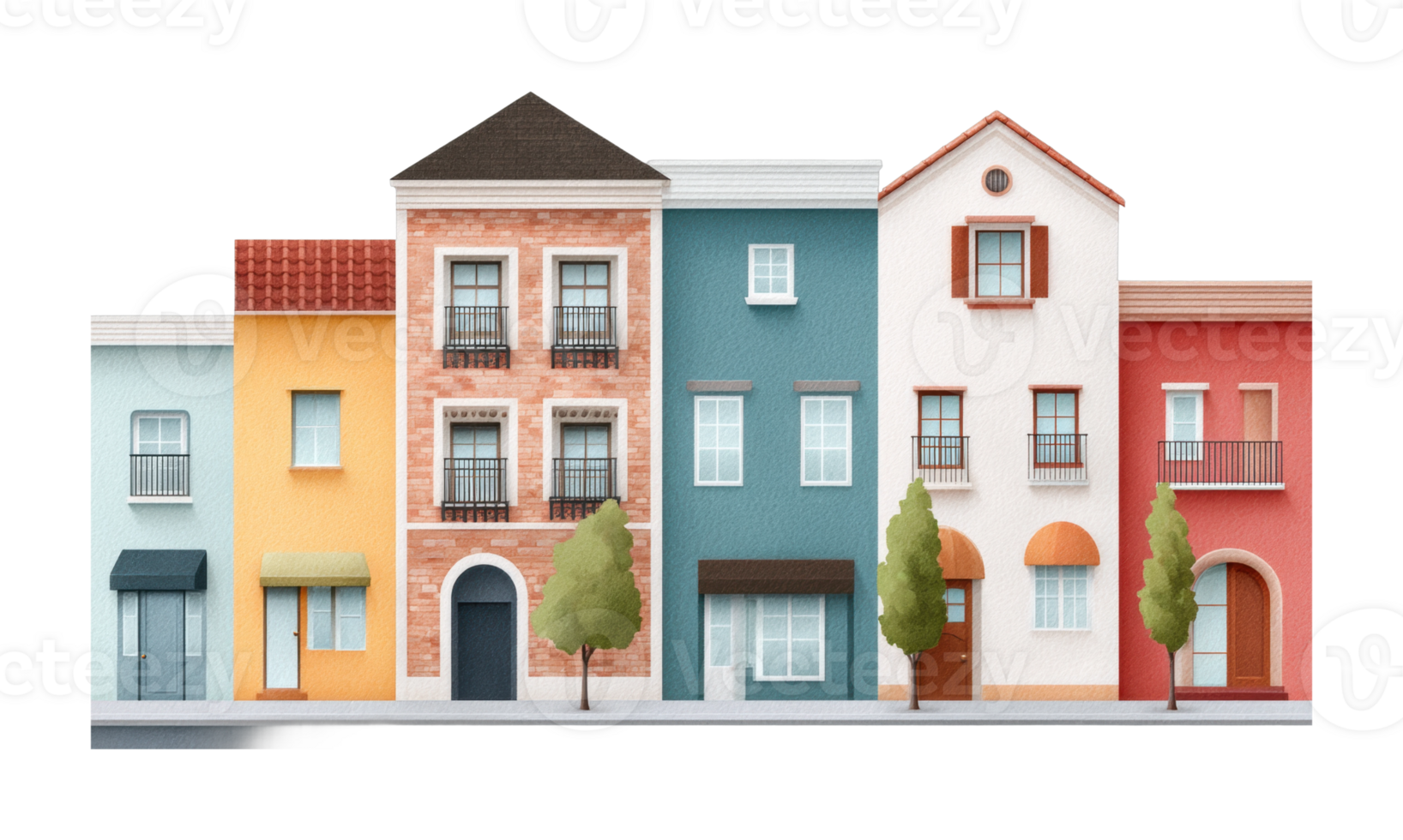 Colorful residential houses with trees in a row png