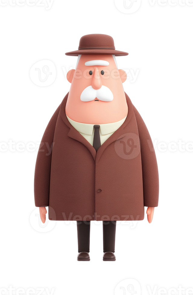 Elderly caucasian male cartoon character with mustache in brown coat and hat png