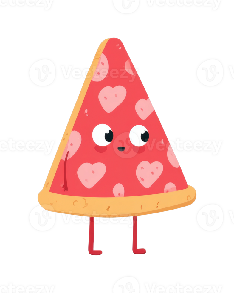Cartoon slice of watermelon pizza with cute face and heart patterns png