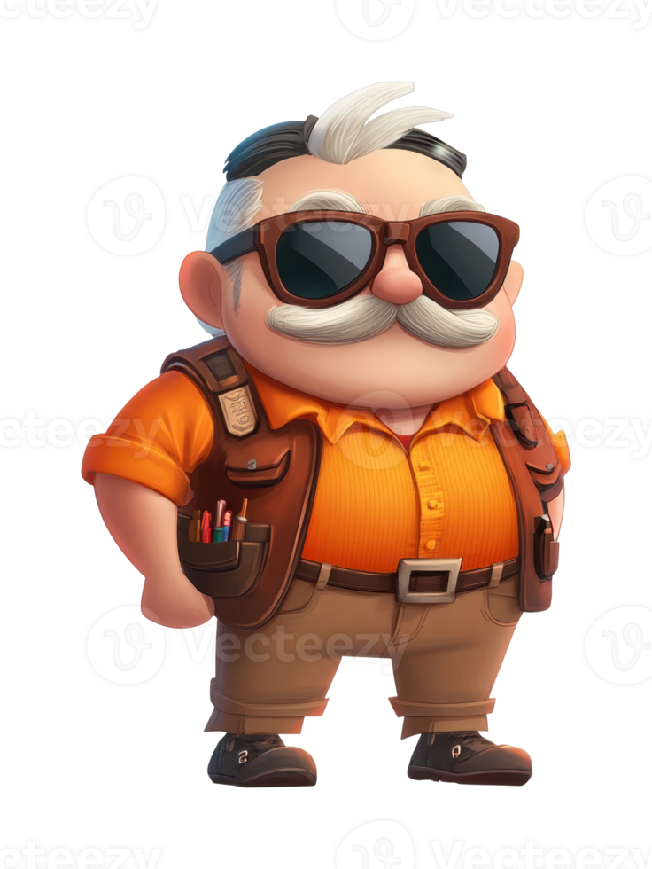 Elderly cartoon man with sunglasses and mustache in orange shirt with confidence png