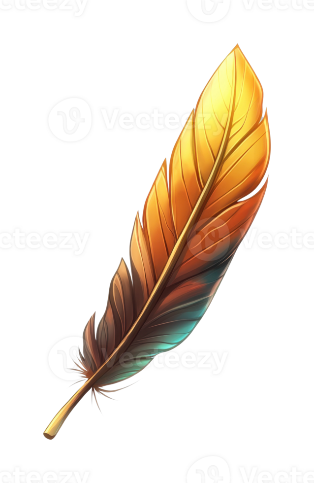 Colorful iridescent feather with orange and gold hues png
