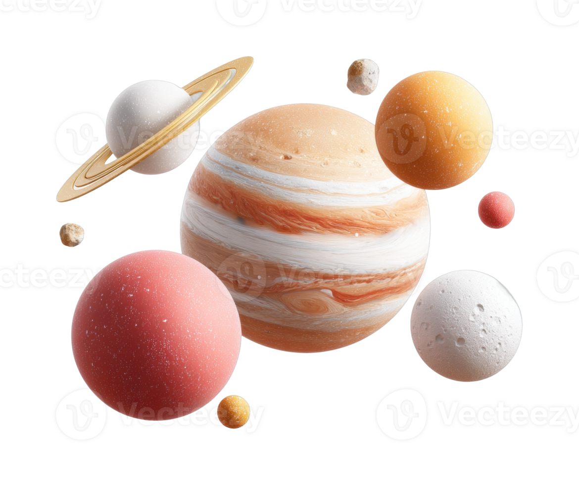 Vibrant collection of planets and moons with rings in space png