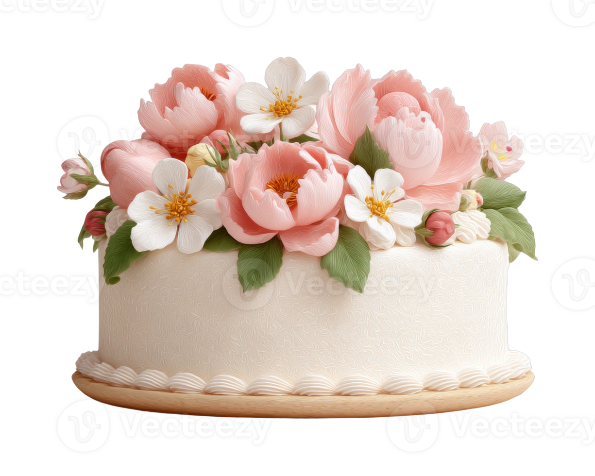 Elegant cake adorned with pink peonies and white blossoms for celebrations png