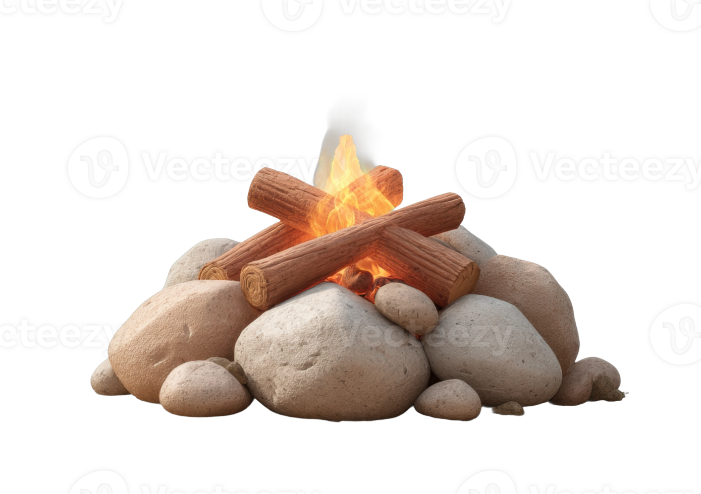 Campfire with burning logs and stones in a circular arrangement png