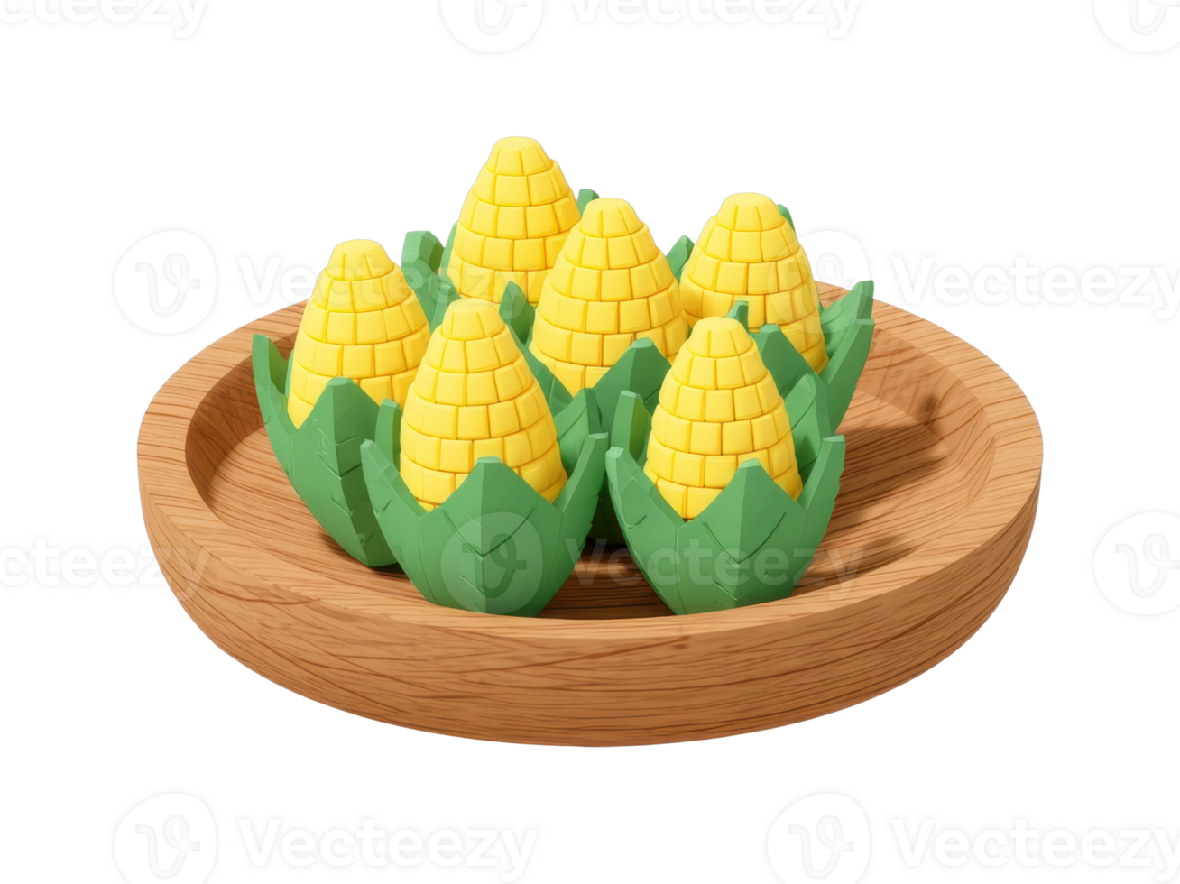 Toy corn on wooden plate displaying vibrant playful design png