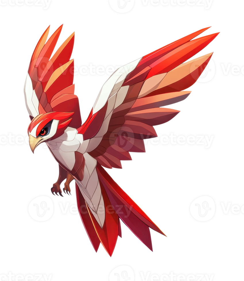 Colorful fantasy bird with red and white geometric wings png
