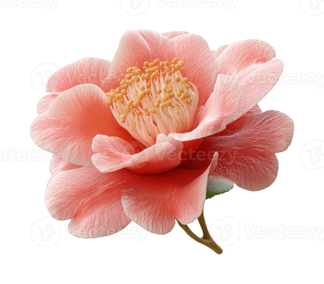 Close-up of pink camellia flower with detailed petals and stamens png
