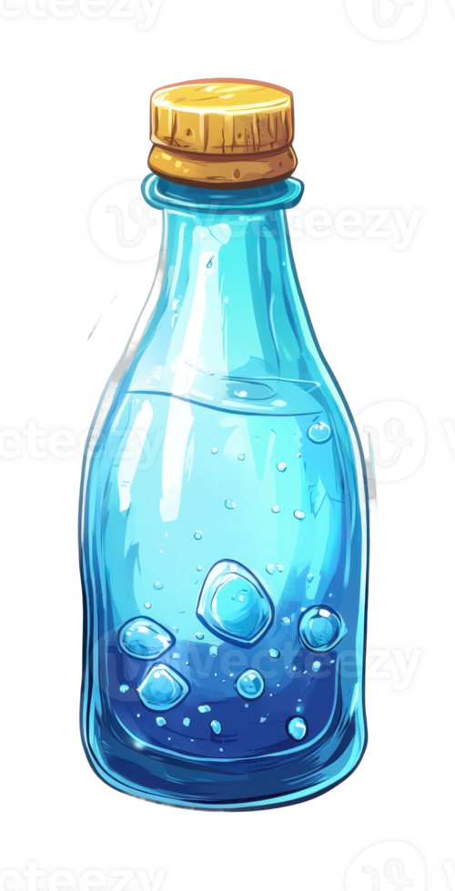Cartoon style blue glass bottle with cork and water droplets png